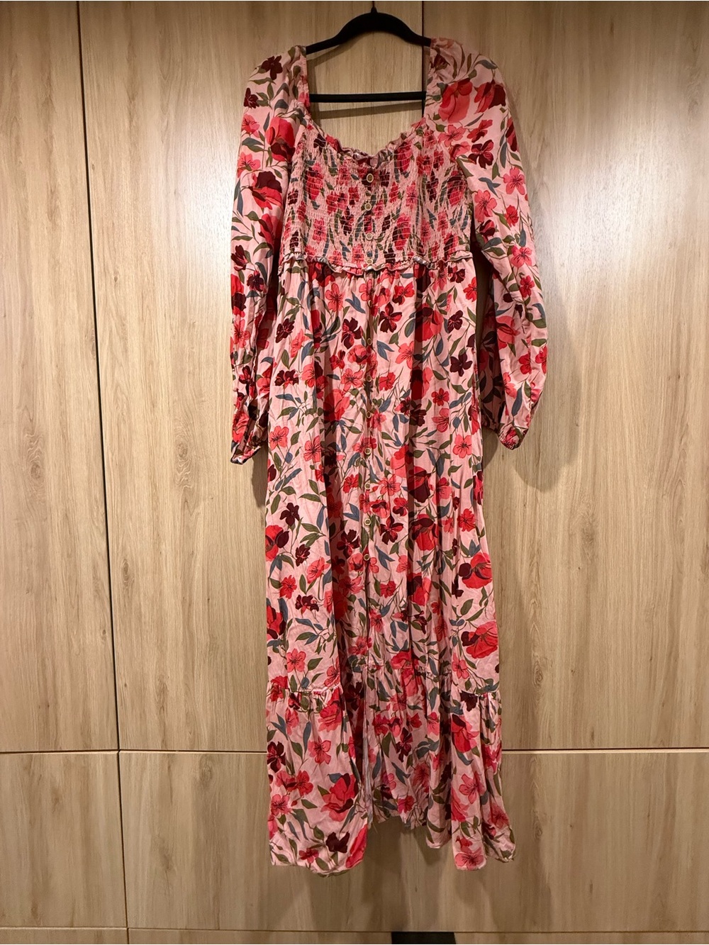 Pink Floral Smocked Maxi Dress with Long Sleeves